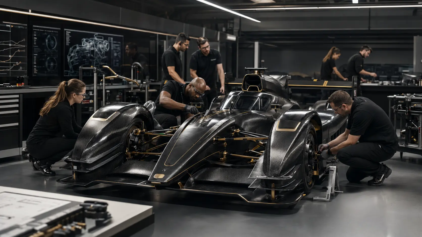 Fictional UCDC engineers working on a carbon racing prototype